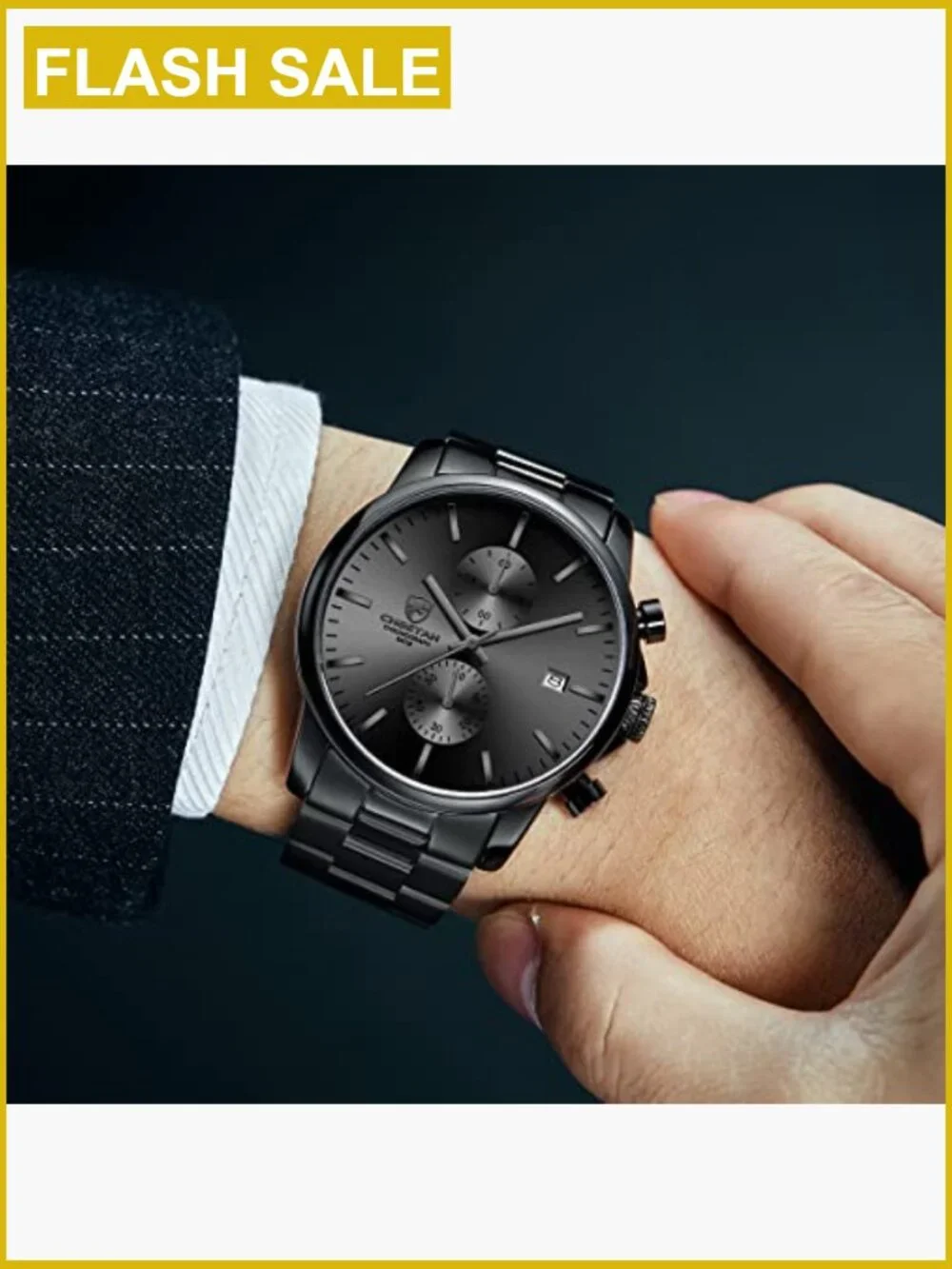 Stainless Steel Chronograph Quartz Watch for Men Waterproof 3ATM